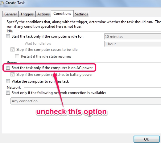 uncheck option- start the task only if computer is on AC power