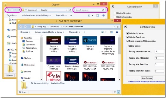 Explorer Rebar Tweaker - explorer window before and after using the tweaking app