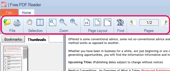 Free PDF Reader- home menu options