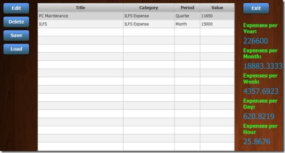 Nubage - expenses items list and total expense