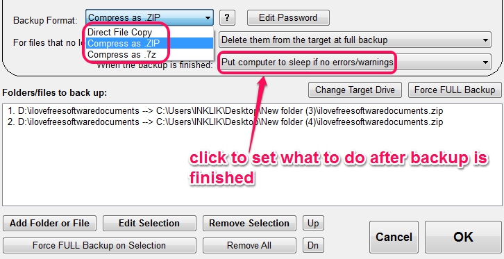 Simple Data Backup- select a backup format and task after finishing the backup