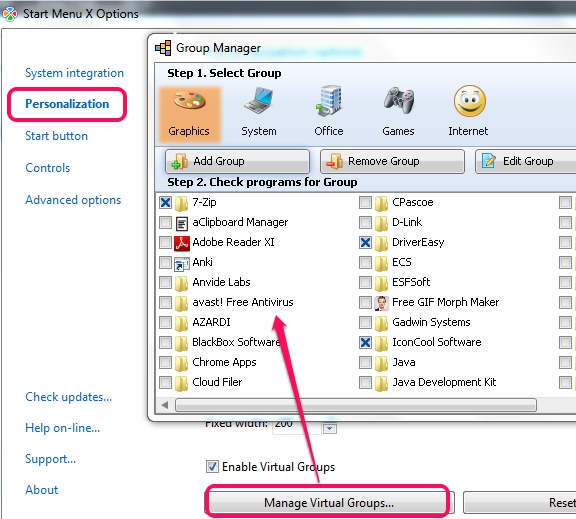 Start Menu X- manage virtual groups