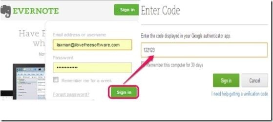 Two step authentication in evernote