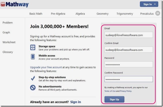 Mathway - sign-up