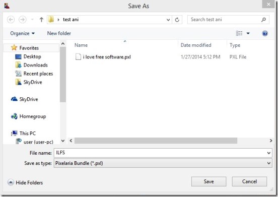 Pixelaria - saving file