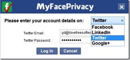 MyFacePrivacy - loggin into Twitter, Facebook, Google  , or LinkedIn