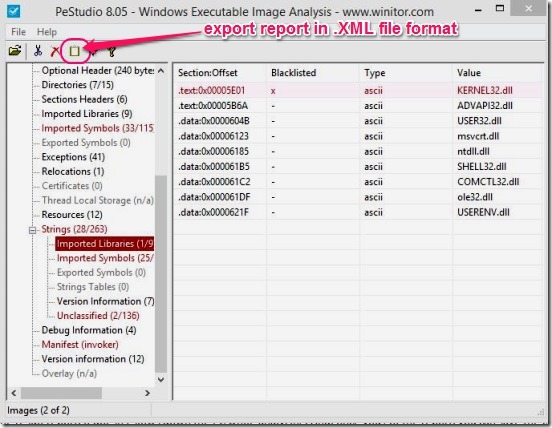 PeStudio - used dll report and button to export report