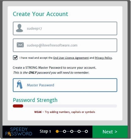 SpeedyPassword - creating mater account