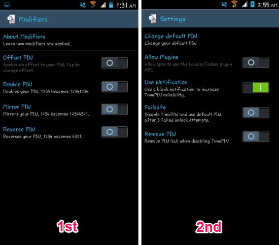 Modifier and setting in TimePIN for android