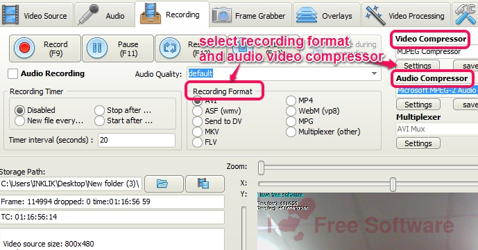 set output format and start recording