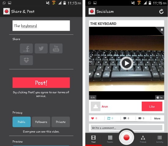 share &amp post video on socialcam for android