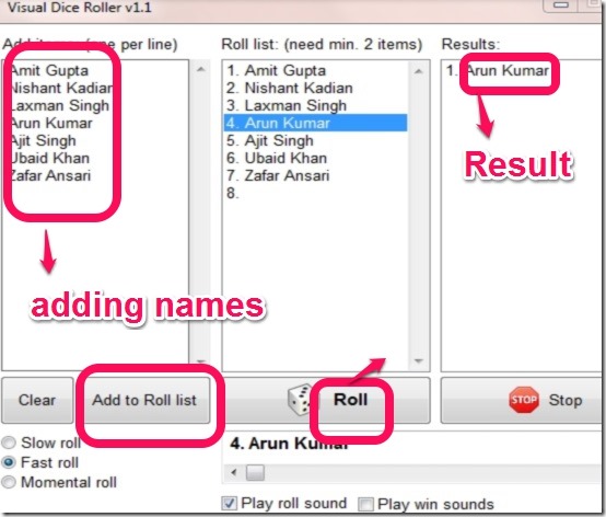 visual dice roller adding names