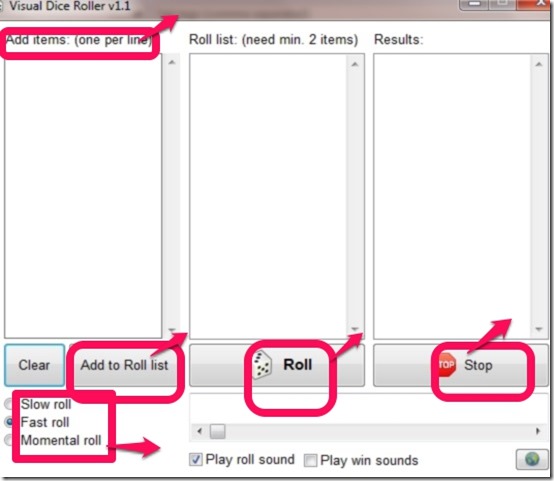 visual dice roller main user interface