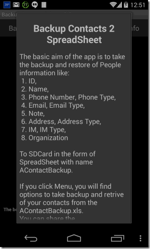 Backup Contacts 2 Spreadsheeet Info Screen