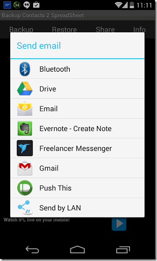 Backup Contacts 2 Spreadsheeet - Share Options