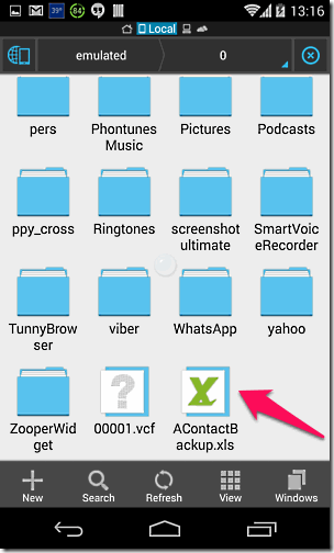 Contacts Backup Excel in SD Card