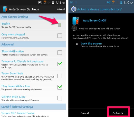 Using Auto Screen On Off for Android