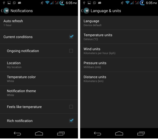 notification, language and units 1weather