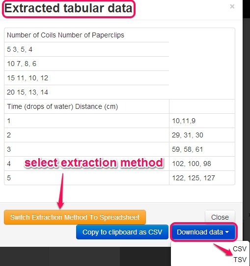 select extraction method and download data