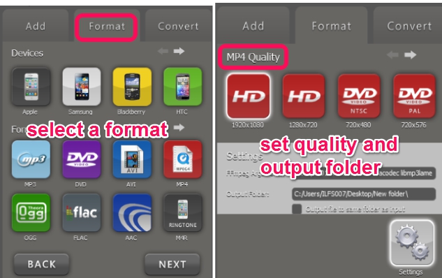 select output format and directory