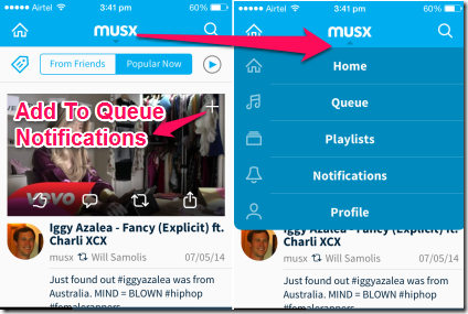 Musx Homescreen and Options