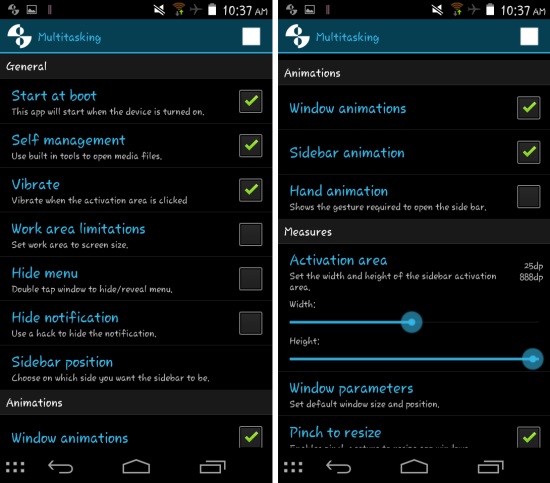 Settings in Multitasking app for Android