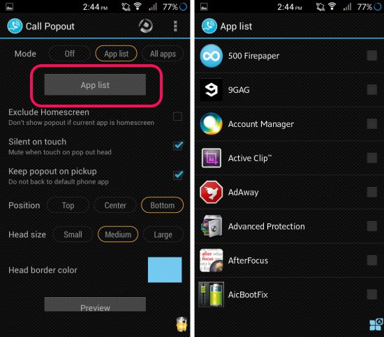 app list mode in Call PopOut For Android