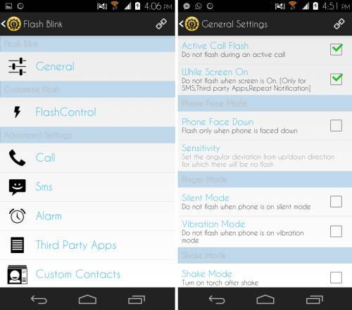 general settings in Flash Blink for Android