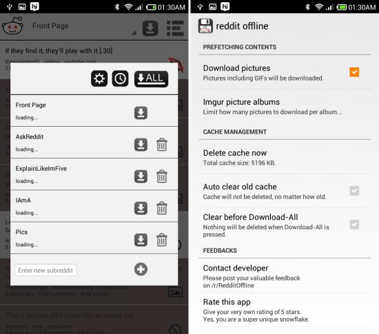 Reddit Offline for Android options and settings