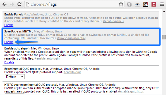 chrome flag to save as mhtml