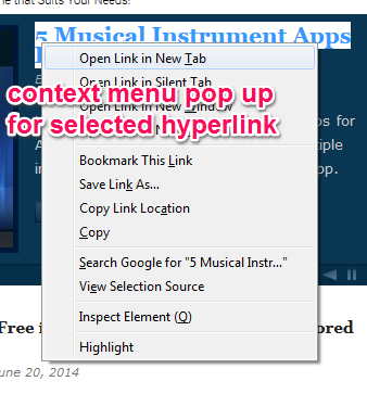 context menu for selected hyperlink