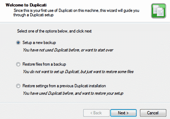 duplicati first screen