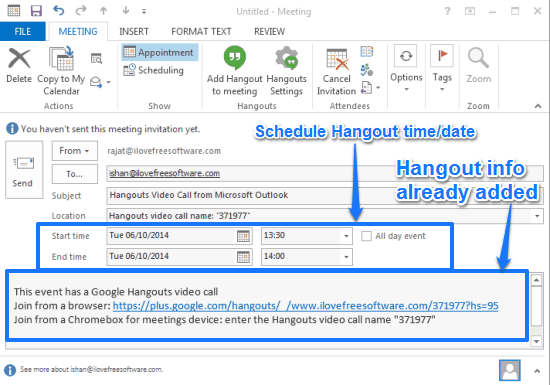 hangouts scheduled via outlook