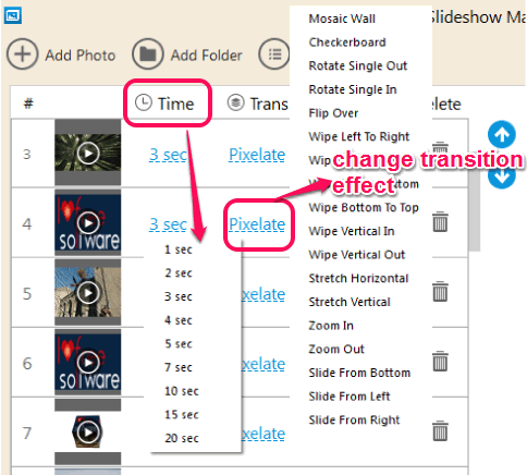 set separate time and transition effect for each image