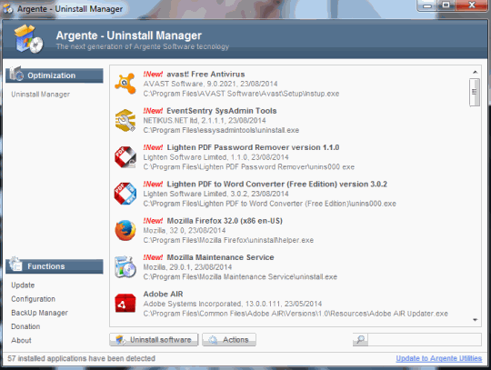 Argente - Uninstall Manager- interface