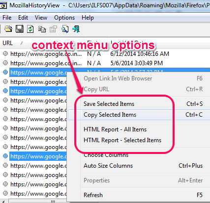 context menu options