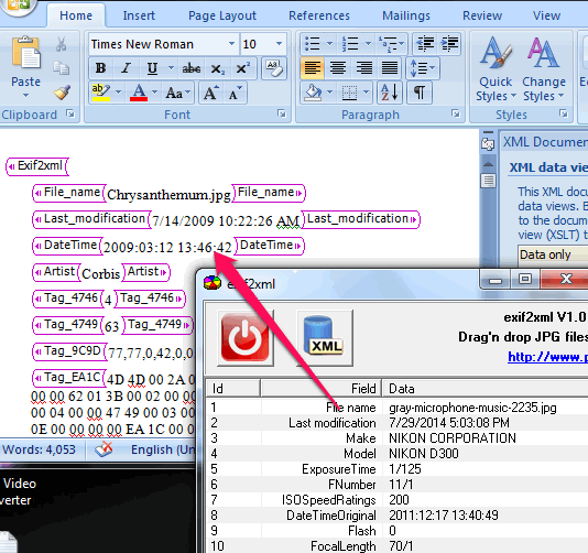 extract exif data and store in xml file