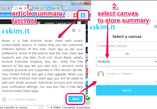 Chrome extension icon to store article summary to a canvas