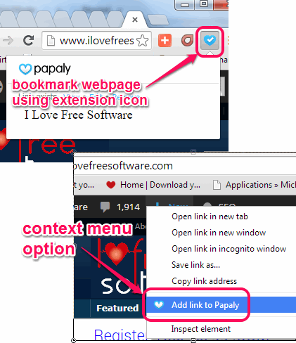 bookmark webpages with extension icon and context menu option