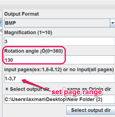 set rotation angle and page range