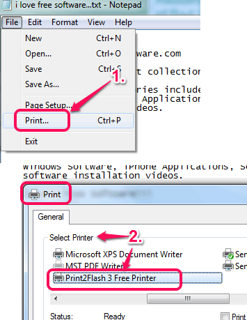 use Print option and select Print2Flash printer