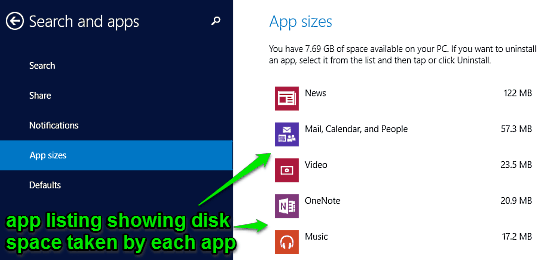 windows 10 app sizes listing