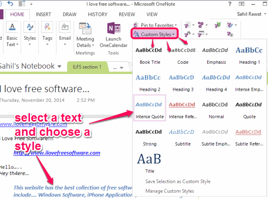 change formatting of a text using Custom Styles