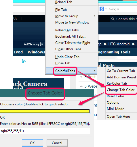 context menu options