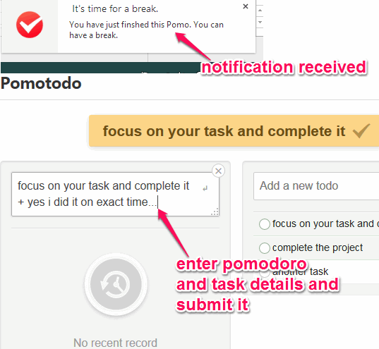 enter pomodoro and task details and submit it