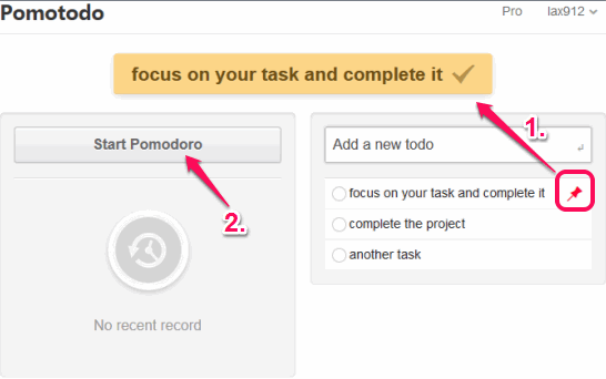 pin a task and start pomodoro