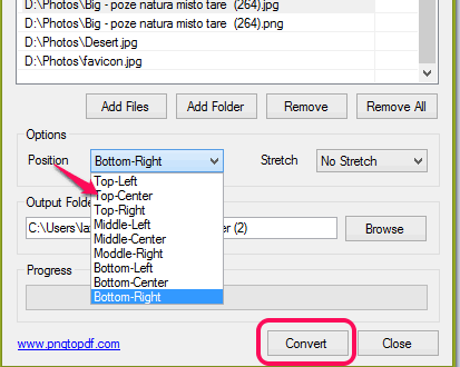 select position of images and start conversion