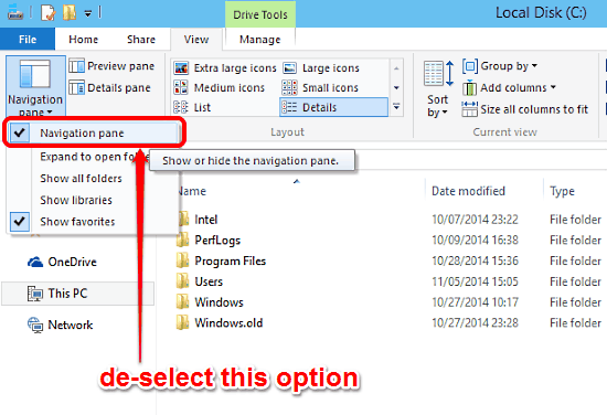 windows 10 deselect navigation pane