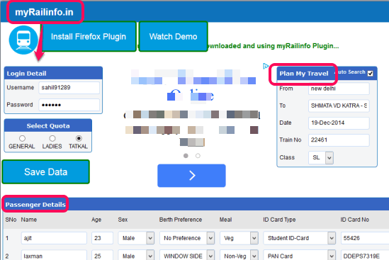 IRCTC tatkal booking plugin for Firefox- auto fill all details