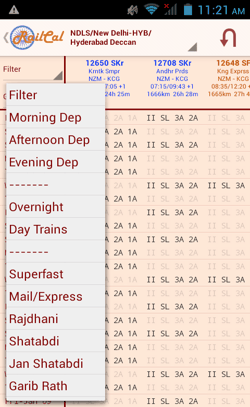 RailCal for Android Search Filters